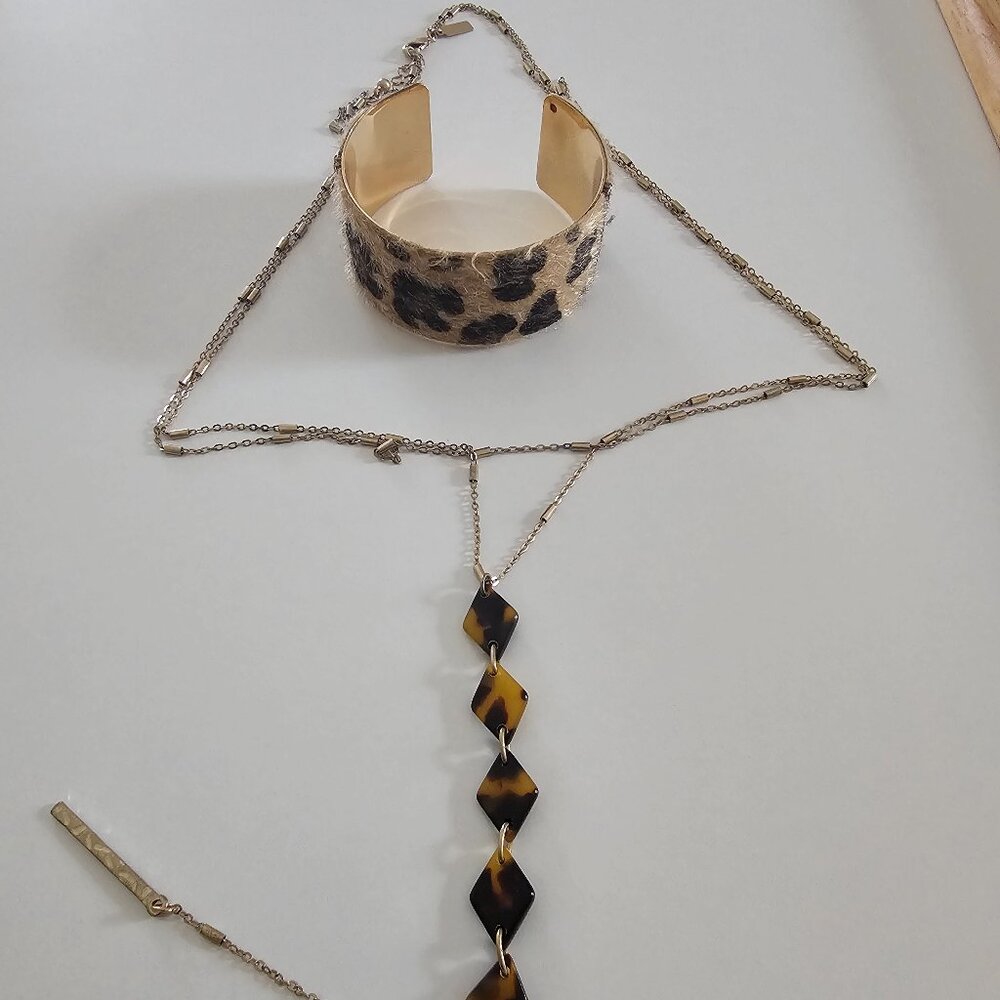 Leopard Print Long Necklace and Bangle Cuff